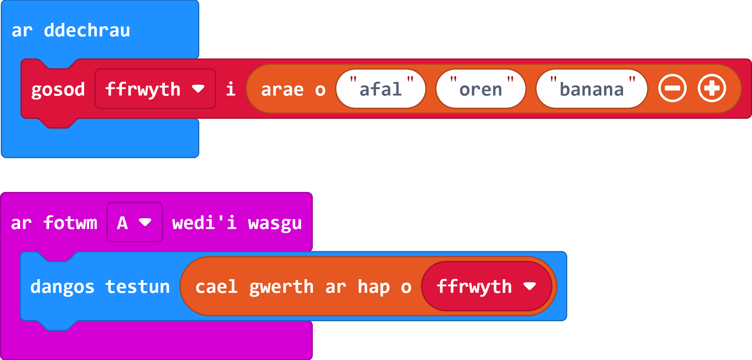 Erbyn hyn, mae yna raglen 'ar fotwm A wedi'i wasgu' sy'n cynnwys bloc 'dangos testun cael gwerth ar hap o ffrwyth'.