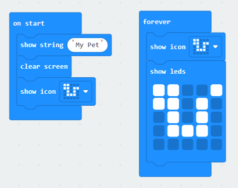 Now we have a forever loop containing a 'show icon(snake)' block followed by a 'show leds' block with the same snake but with its tail in a different position.