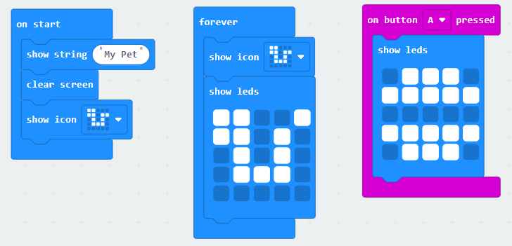 A 'on button A pressed' control block has been added containing a 'show leds' block with an attempt at a drawing of a burger.