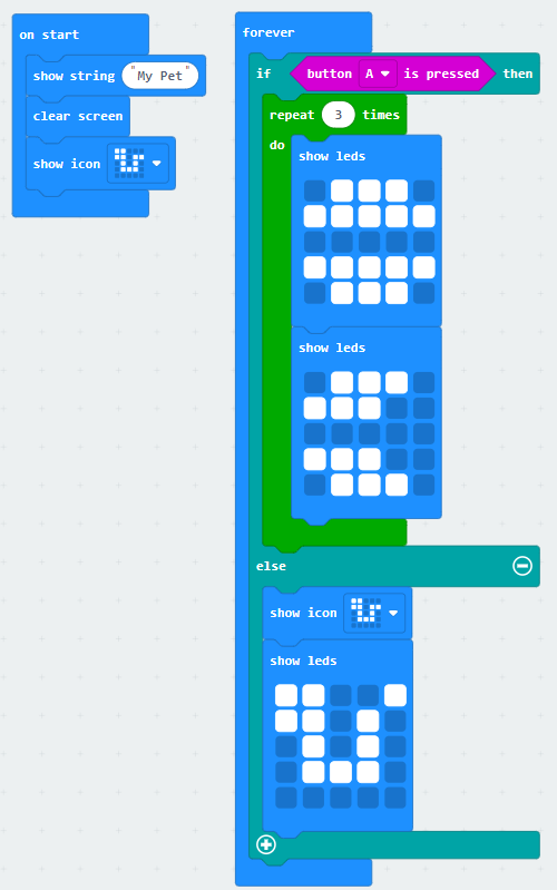 The forever loop has been completely re-written. It now reads: forever, if button A is pressed then {repeat 3 times {show leds (burger), show led (partial burger)}}, else {show icon (snake), show leds (snake with different tail position)}.