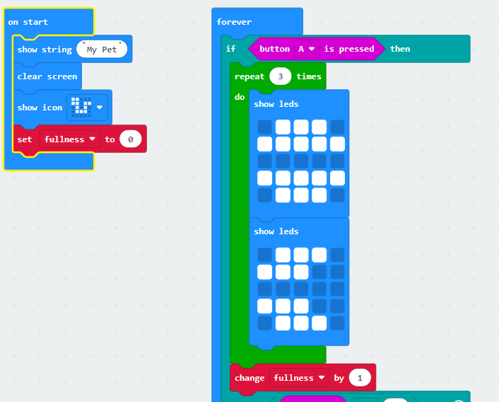 There is now a 'set fullness to 0' block inside the on start code and a 'change fullness by 1' block in the 'if button A is pressed then' statement after the repeat block for the eating animation.
