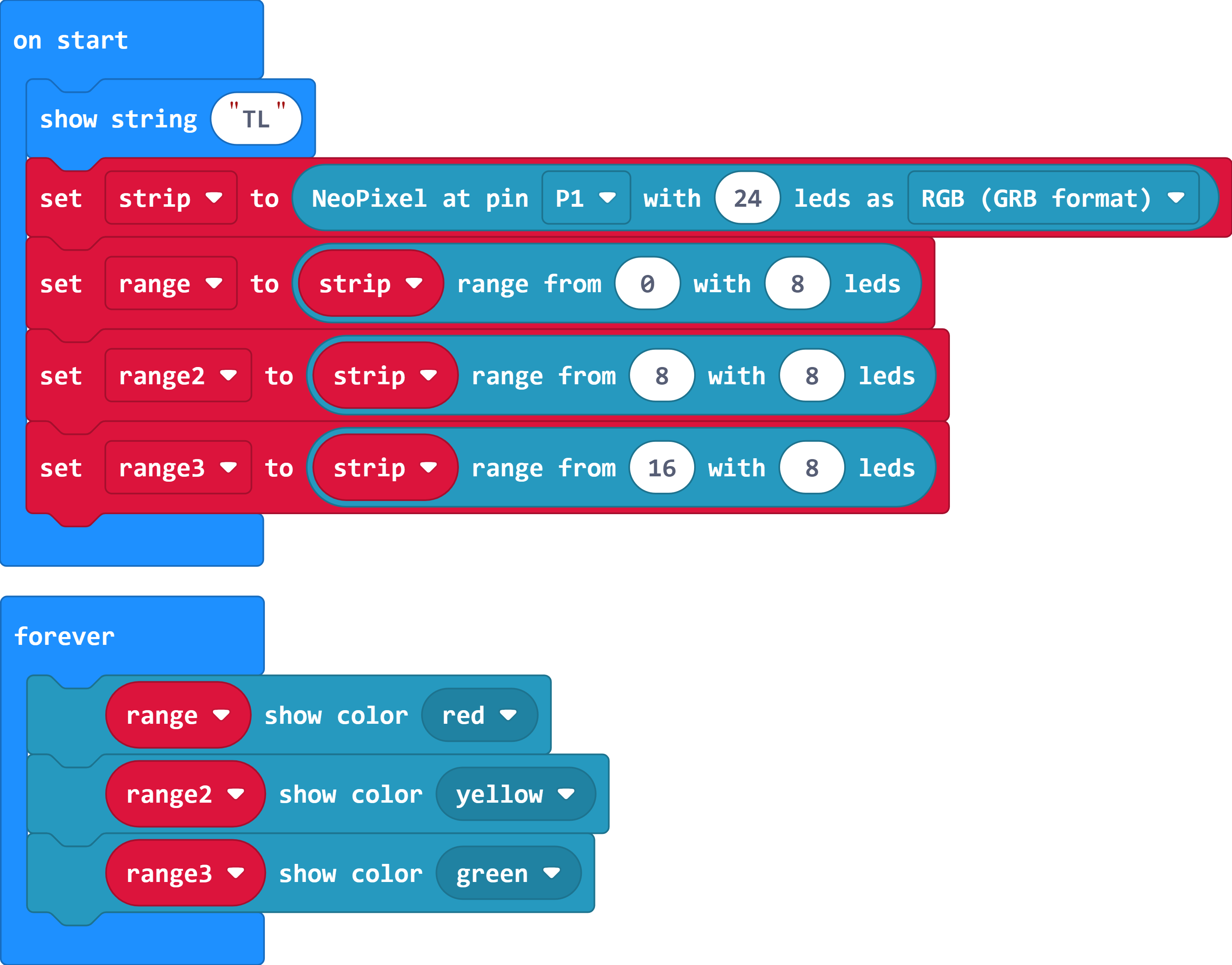 The 'on start' now has a 'set range to strip range from 0 with 8 leds', a 'set range2 to strip range from 8 with 8 leds', and a 'set range3 to strip range from 16 with 8 leds' block. There is now a forever loop containing a 'range show color red' followed by 'range2 show color yellow' and 'range3 show color green' blocks.