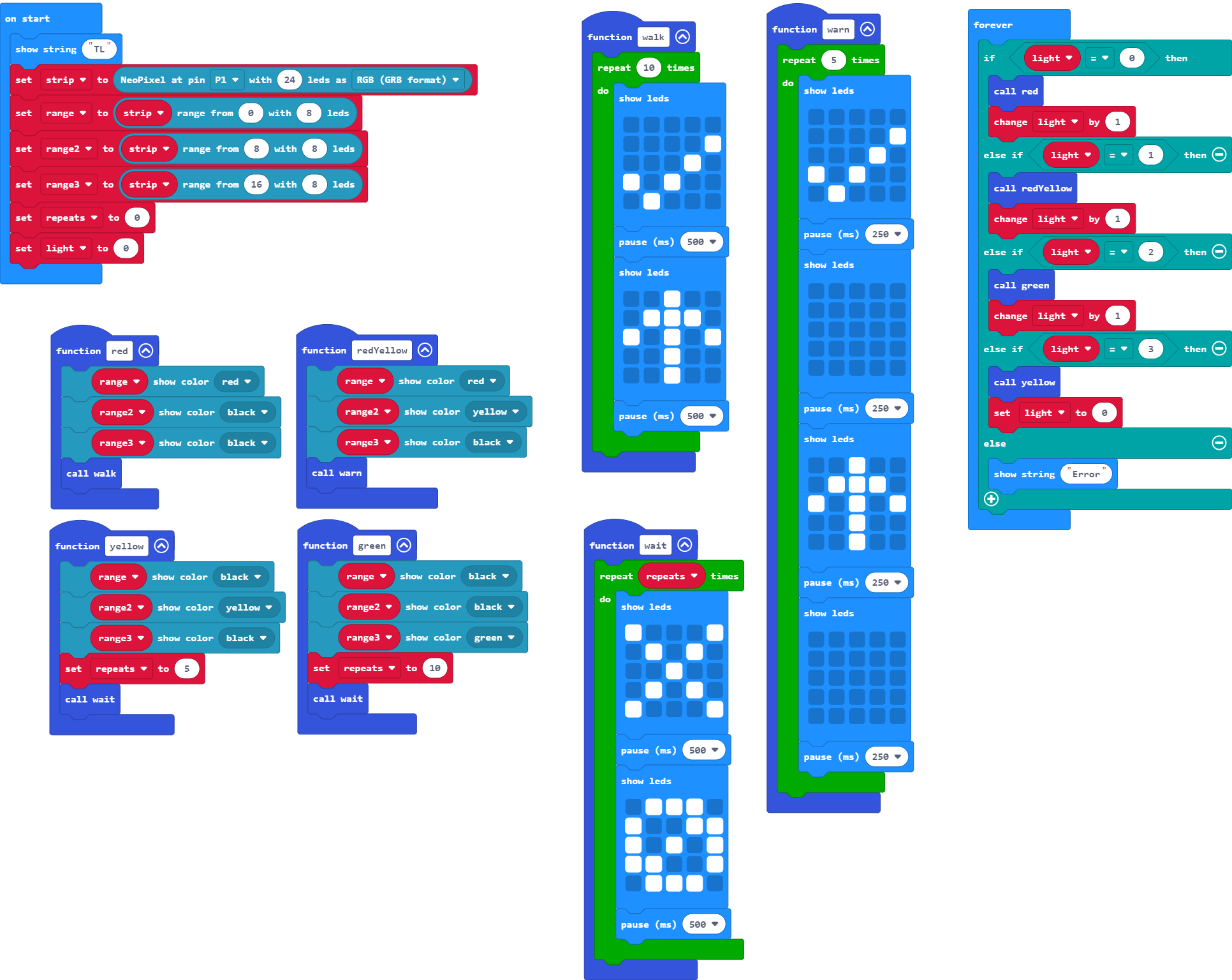 There is a new 'set light to 0' added to the 'on start' block. The forever loop now reads; 'if light = 0 then', 'call red', 'change light by 1', 'else if light = 1 then', 'call redYellow', 'change light by 1', 'else if light = 2 then', 'call green', 'change light by 1', 'else if light = 3 then', 'call yellow', 'set light to 0', 'else', 'show string Error'.