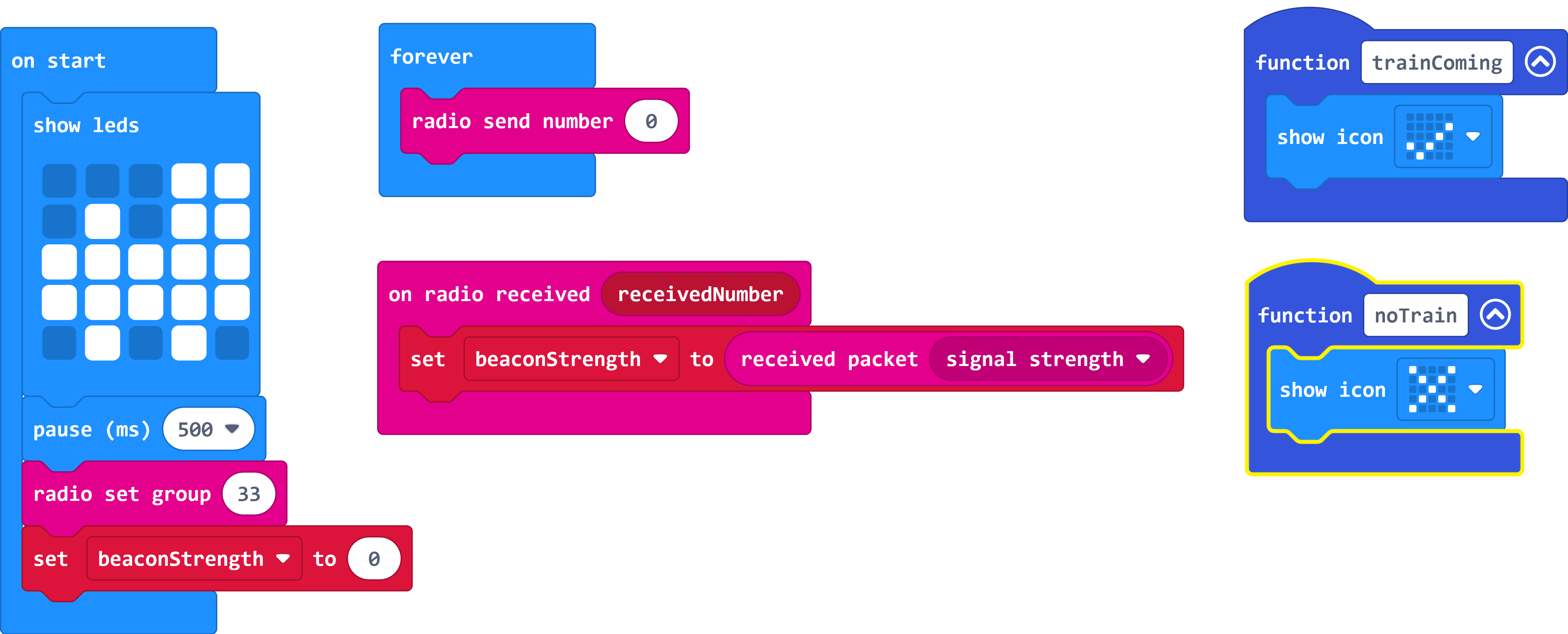 There is now a function called trainComing which contains a 'show icon' block for a tick, and another called noTrain with a 'show icon' block for a cross.