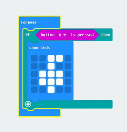 A forever loop containing an 'if button A is pressed then' block that holds a 'show leds' block.