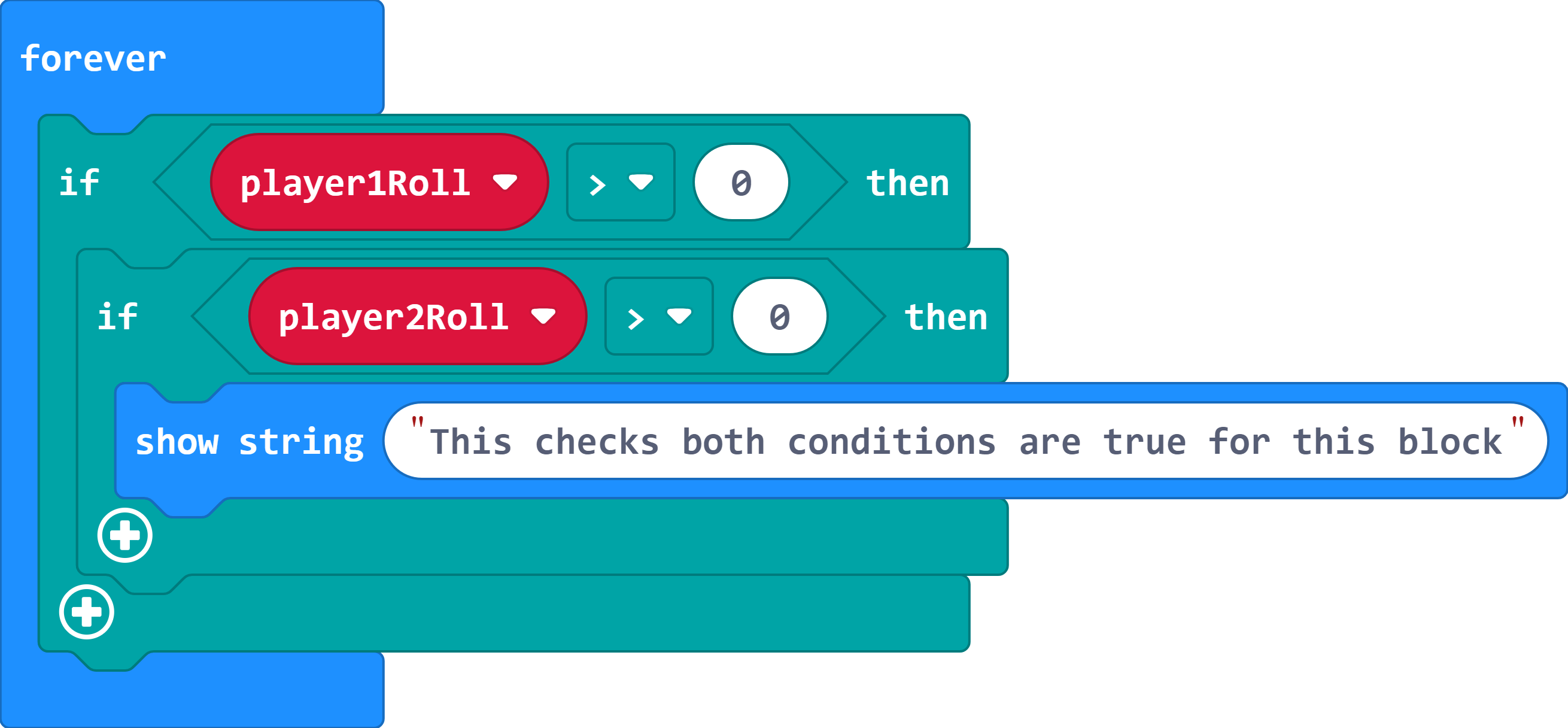 An 'if player1Roll > 0 then' statement holding a 'if player2Roll > 0 then' statement which in turn holds a 'show string' block that reads: This checks both conditions are true for this block