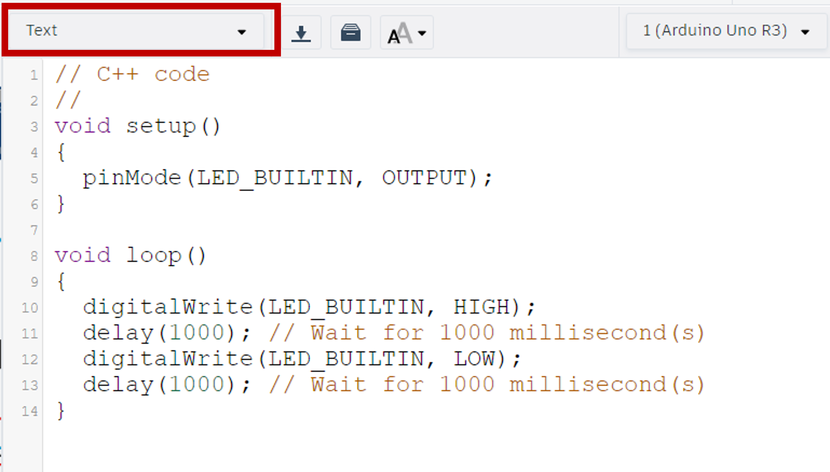 A screenshot of the Tinkercad code panel with the top left drop down box selected to 'Text'.