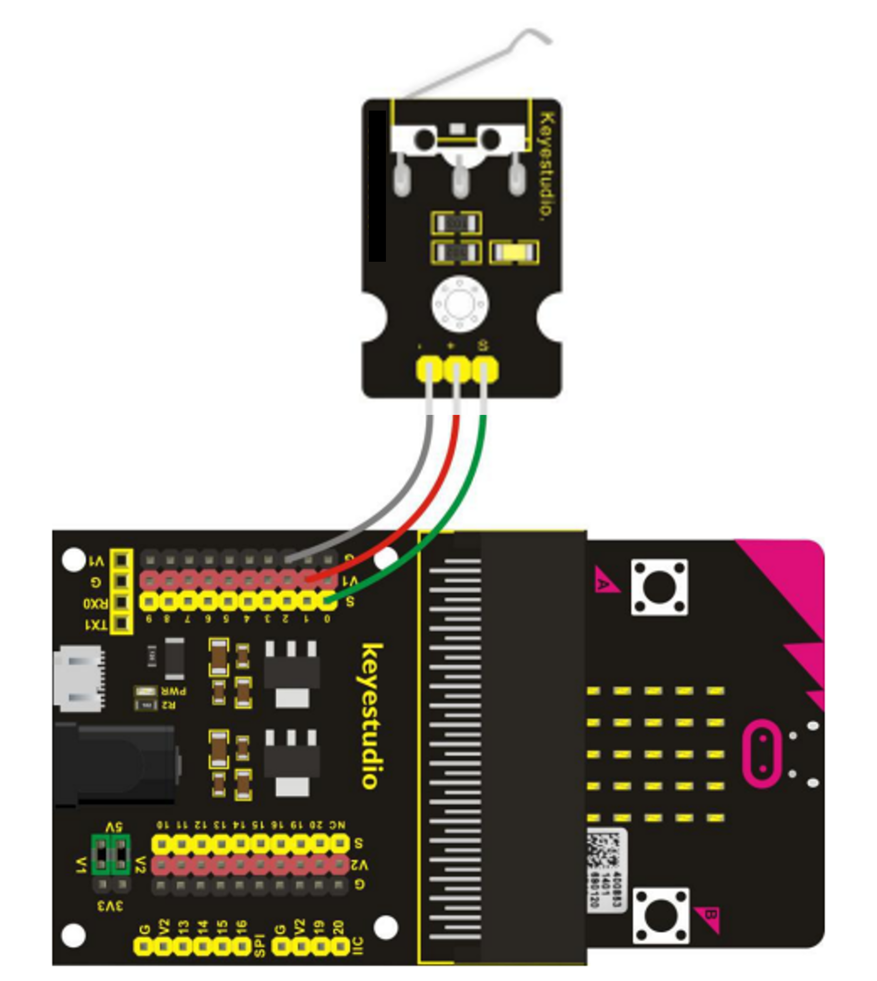 A wiring diagram showing where the wires connect between the component and the breakout board.