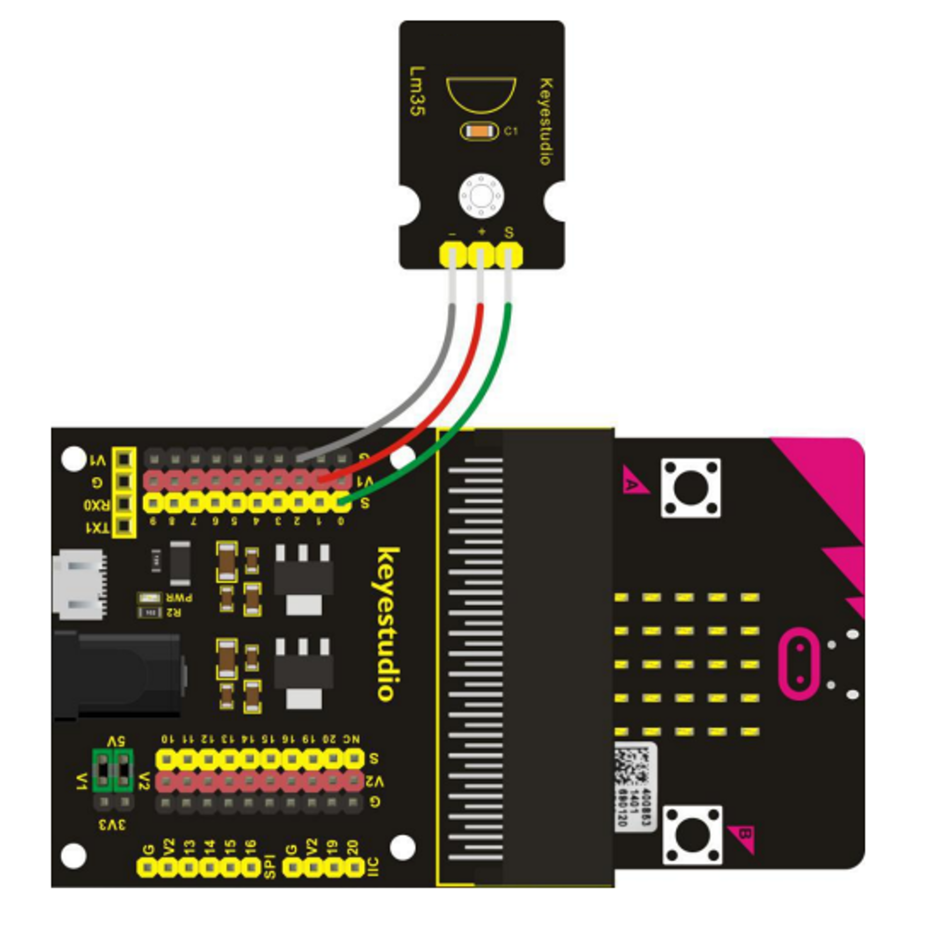 A wiring diagram showing where the wires connect between the component and the breakout board.