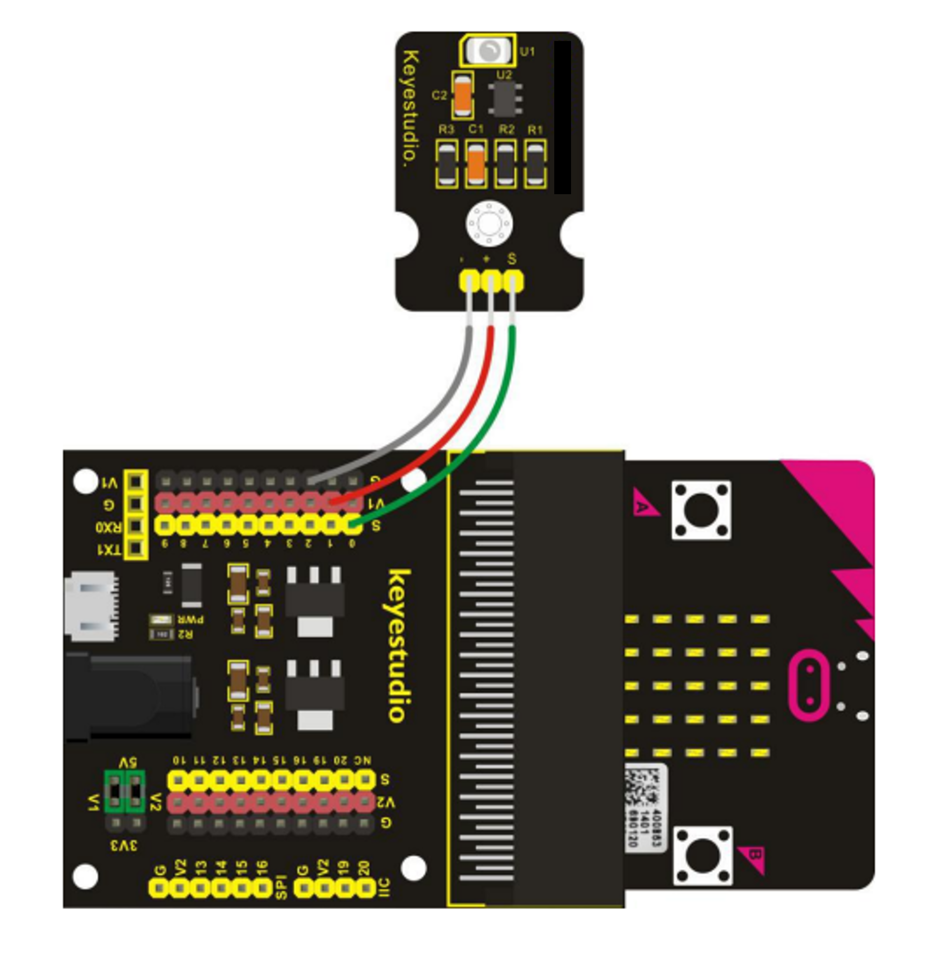 A wiring diagram showing where the wires connect between the component and the breakout board.