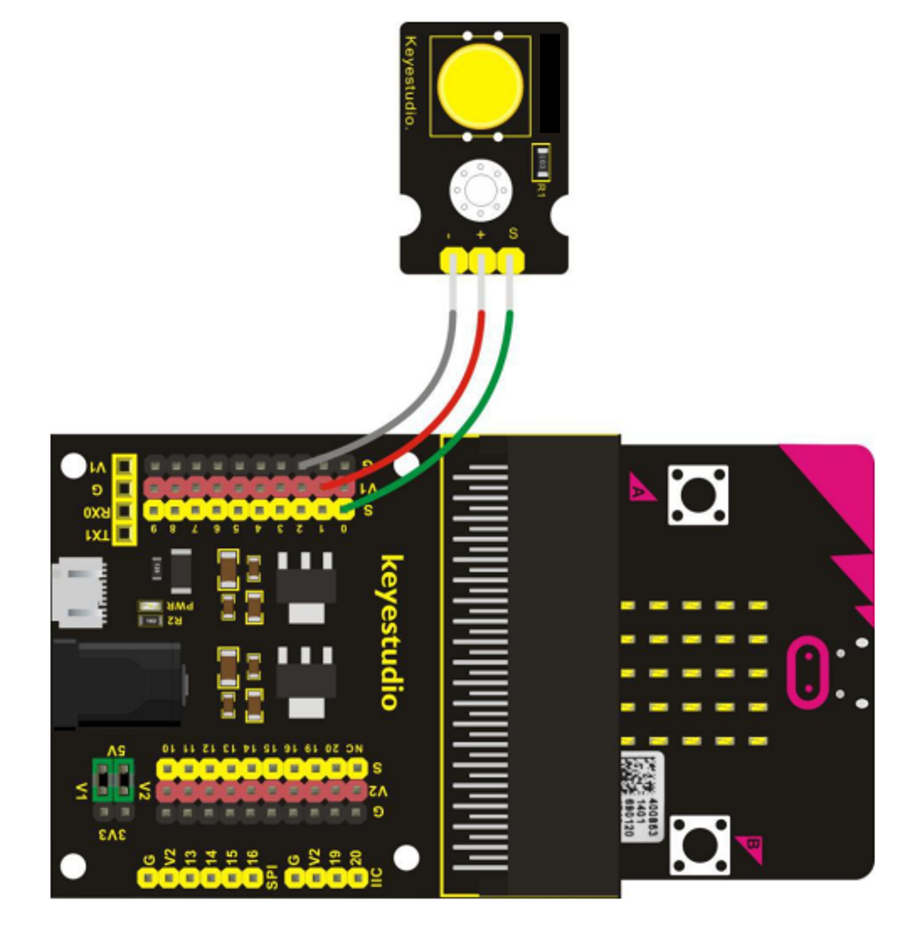 A wiring diagram showing where the wires connect between the component and the breakout board.
