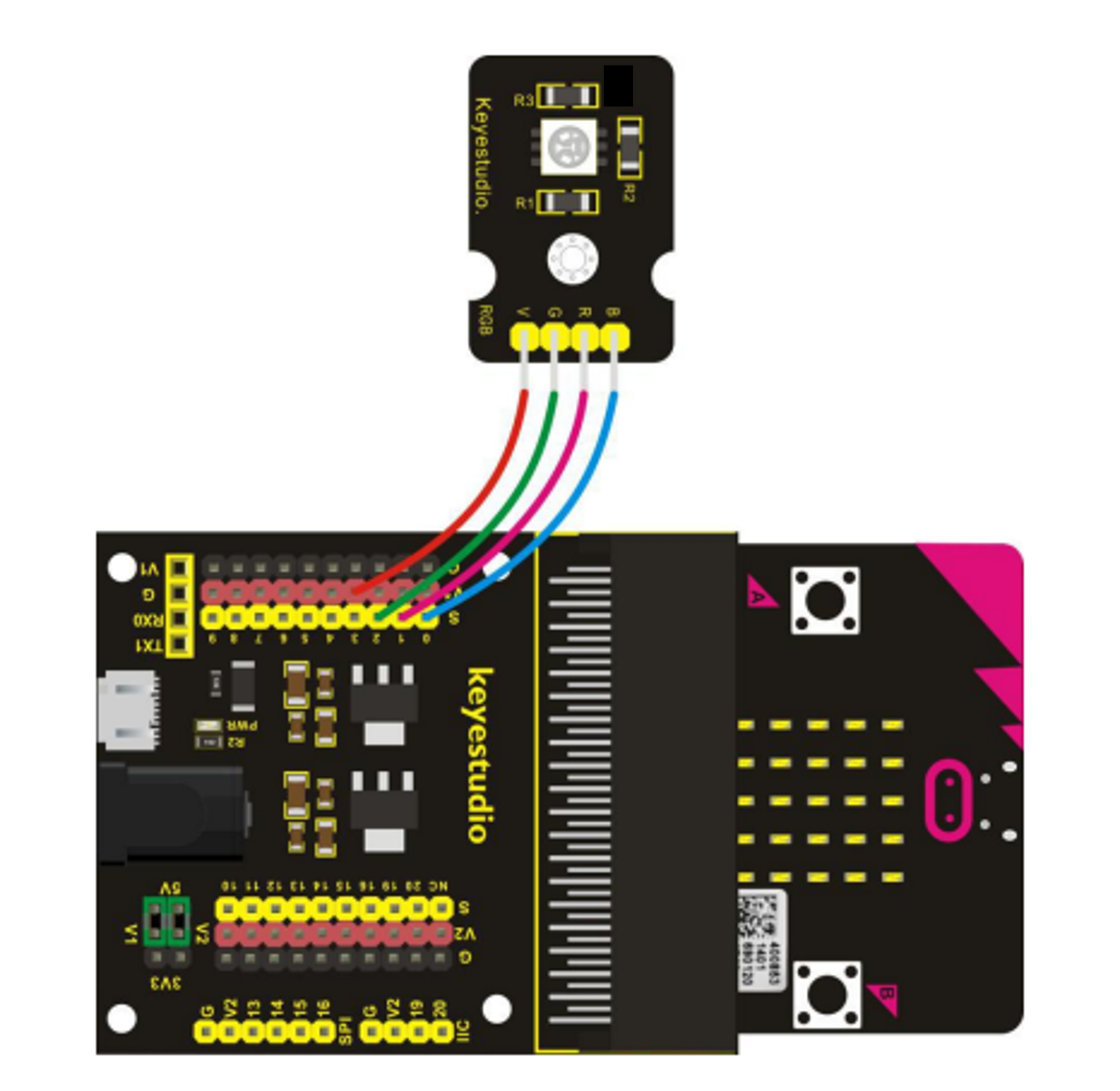 A wiring diagram showing where the wires connect between the component and the breakout board.