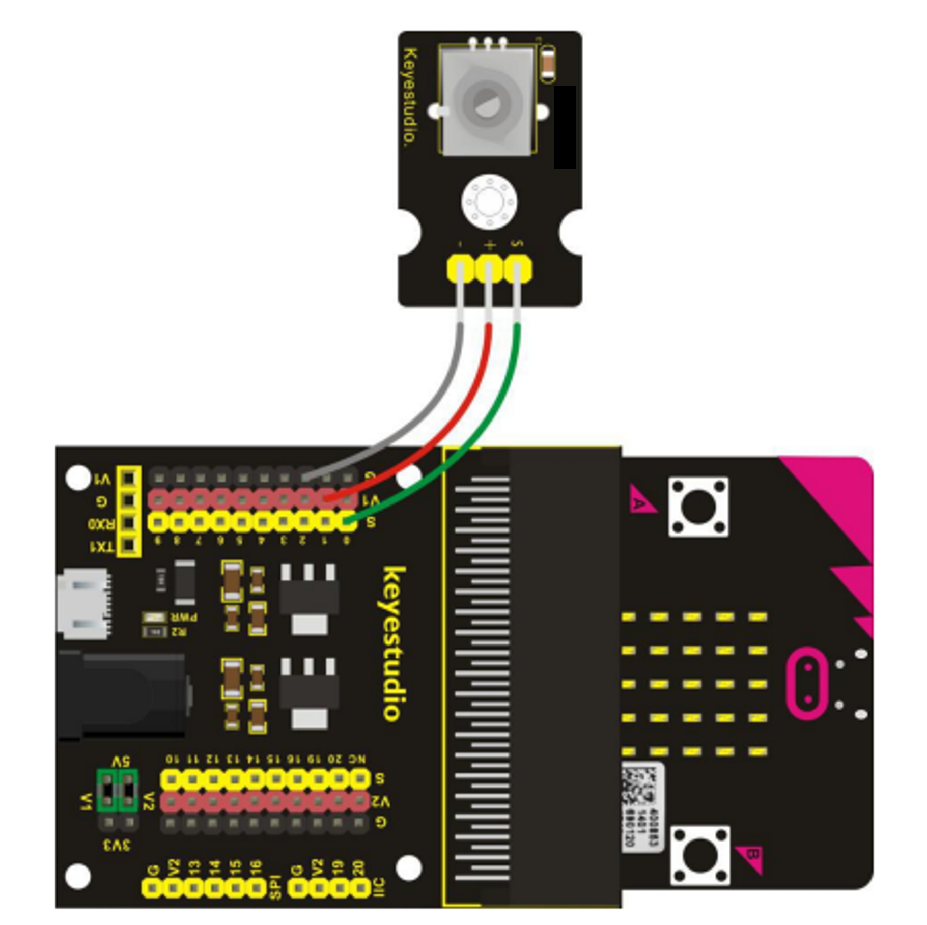A wiring diagram showing where the wires connect between the component and the breakout board.
