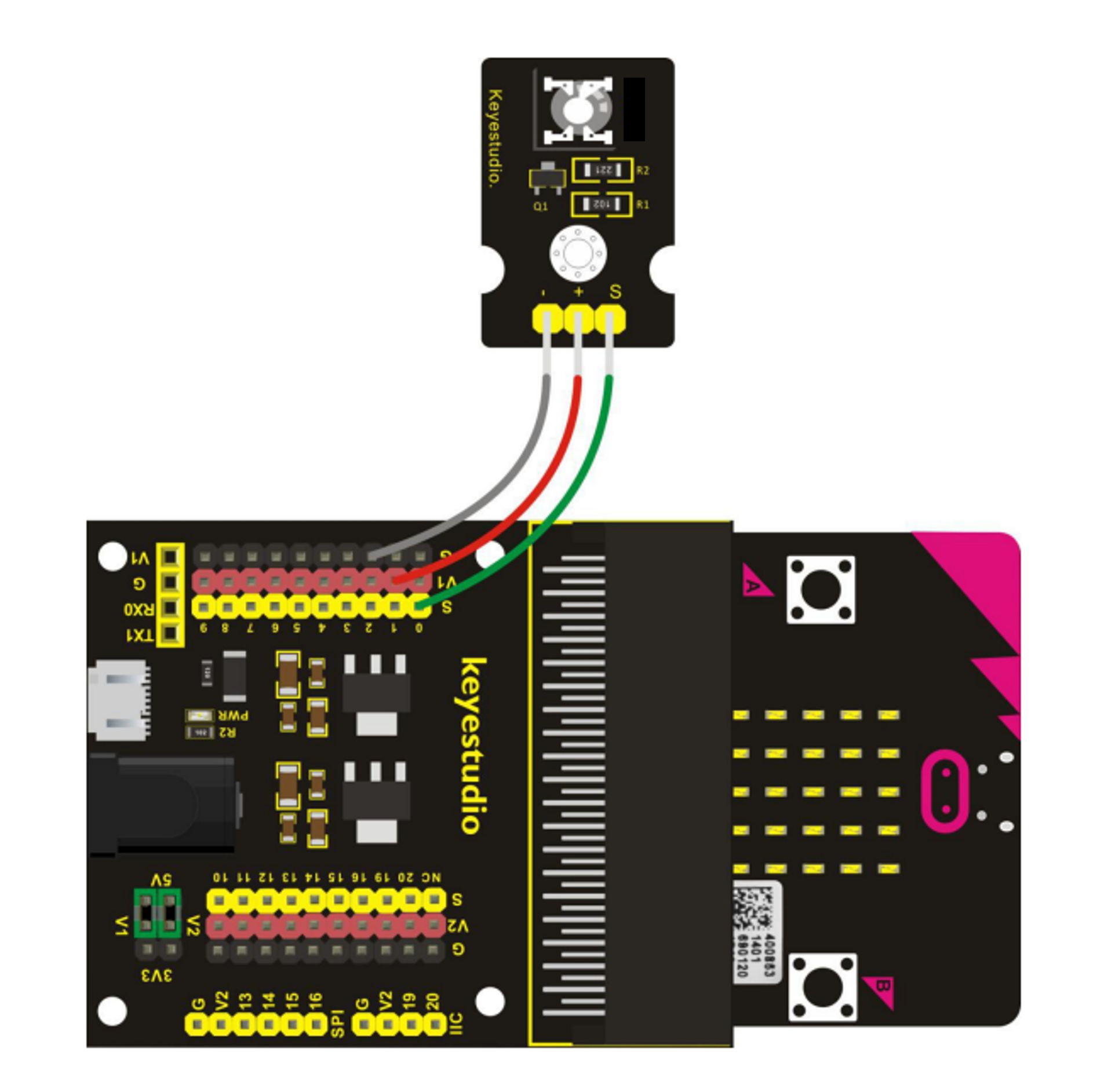 A wiring diagram showing where the wires connect between the component and the breakout board.