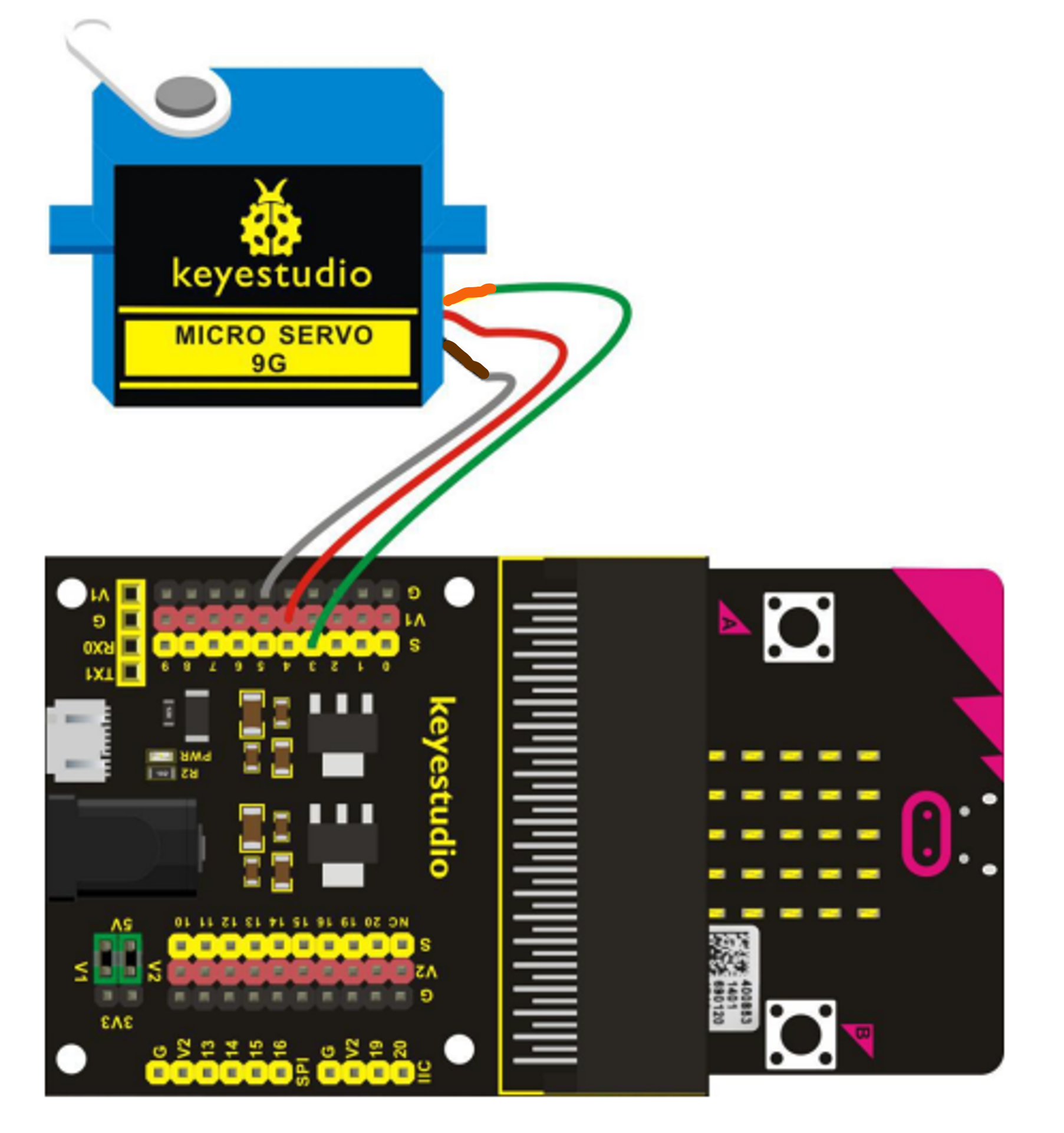 A wiring diagram showing where the wires connect between the component and the breakout board.