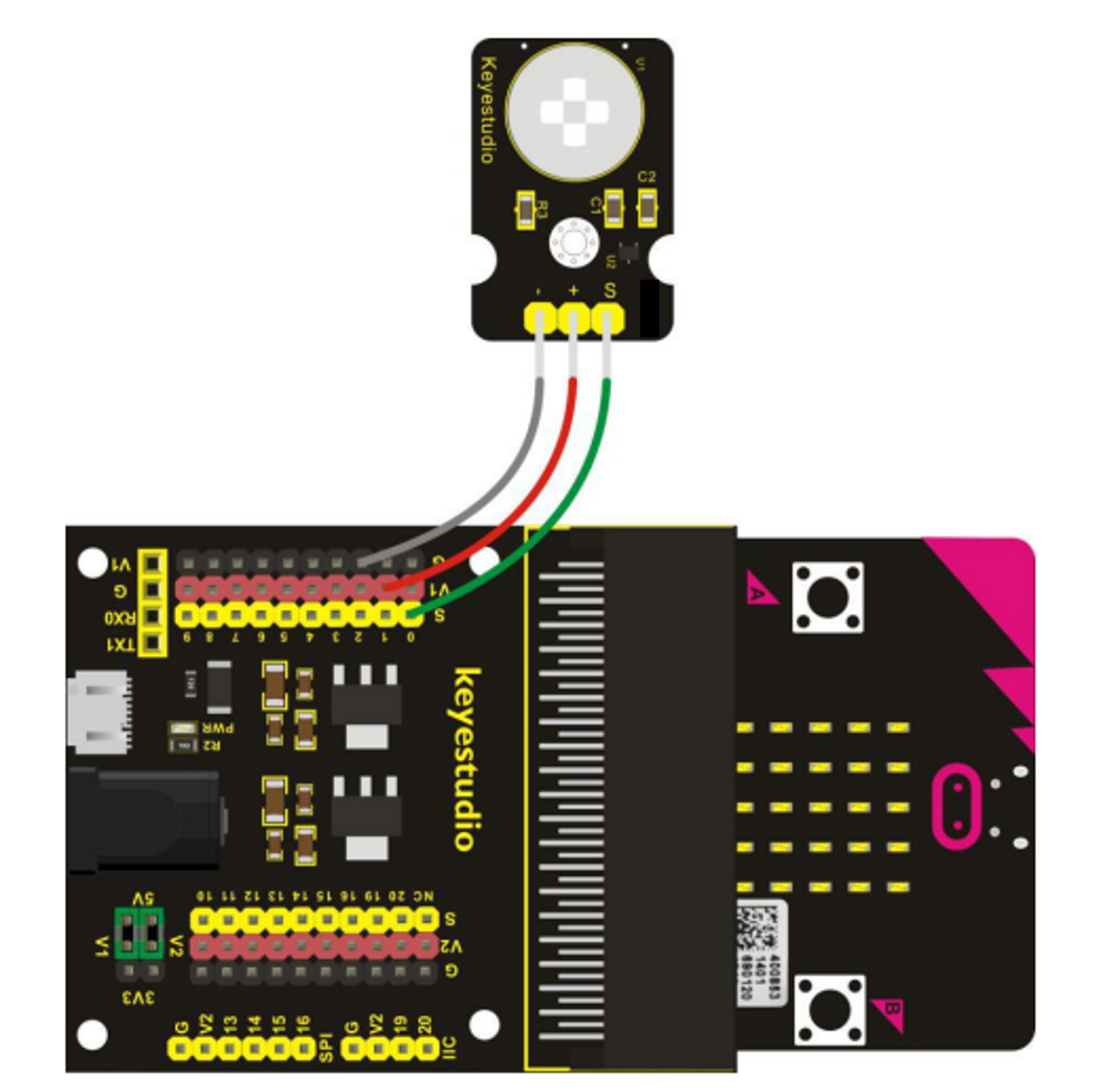 A wiring diagram showing where the wires connect between the component and the breakout board.