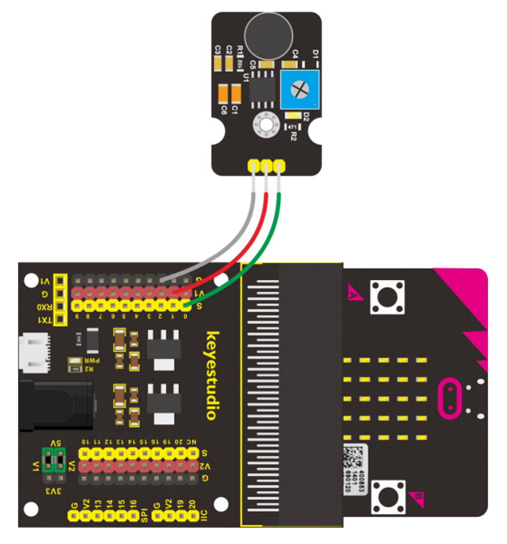 A wiring diagram showing where the wires connect between the component and the breakout board.