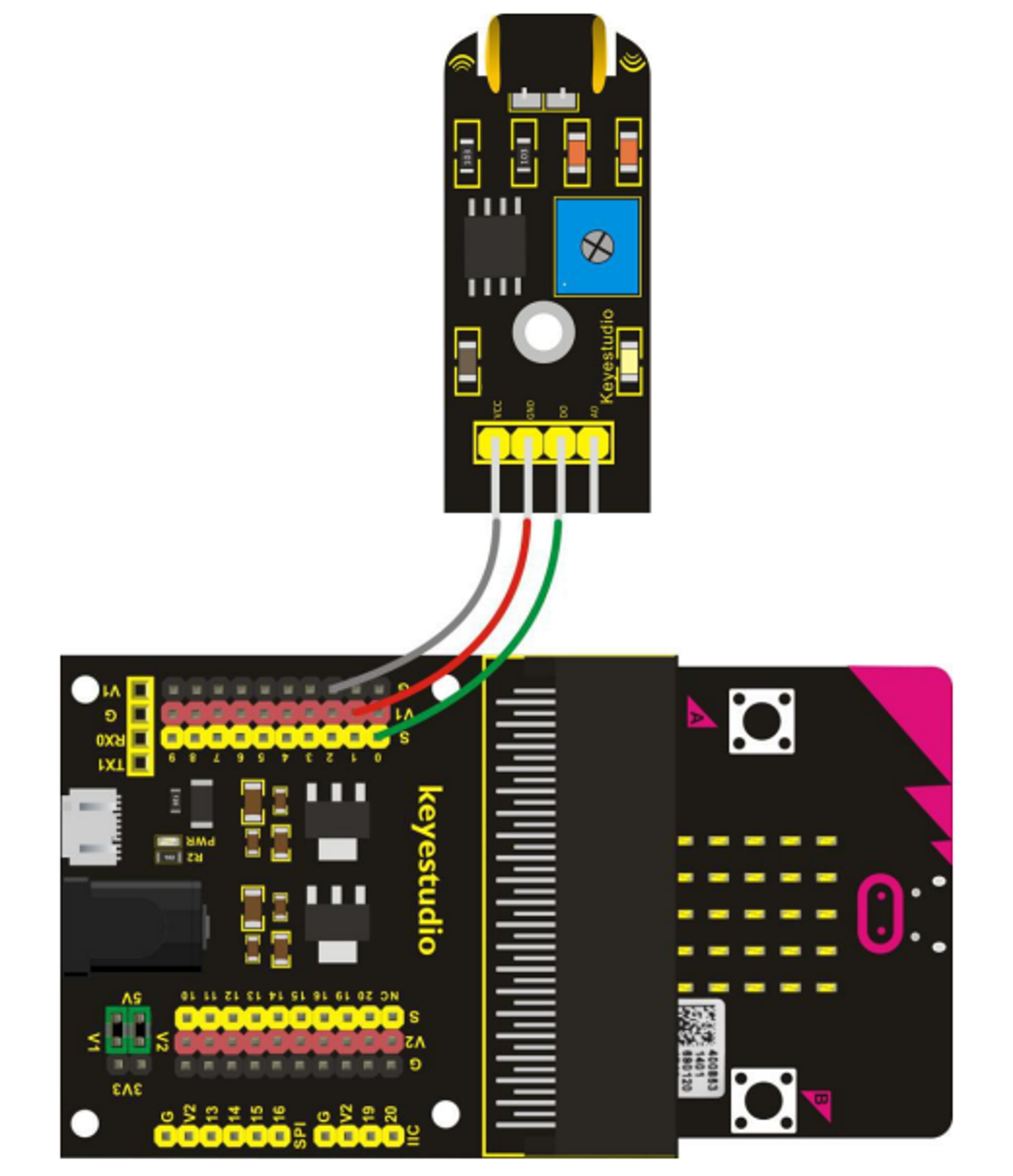 A wiring diagram showing where the wires connect between the component and the breakout board.