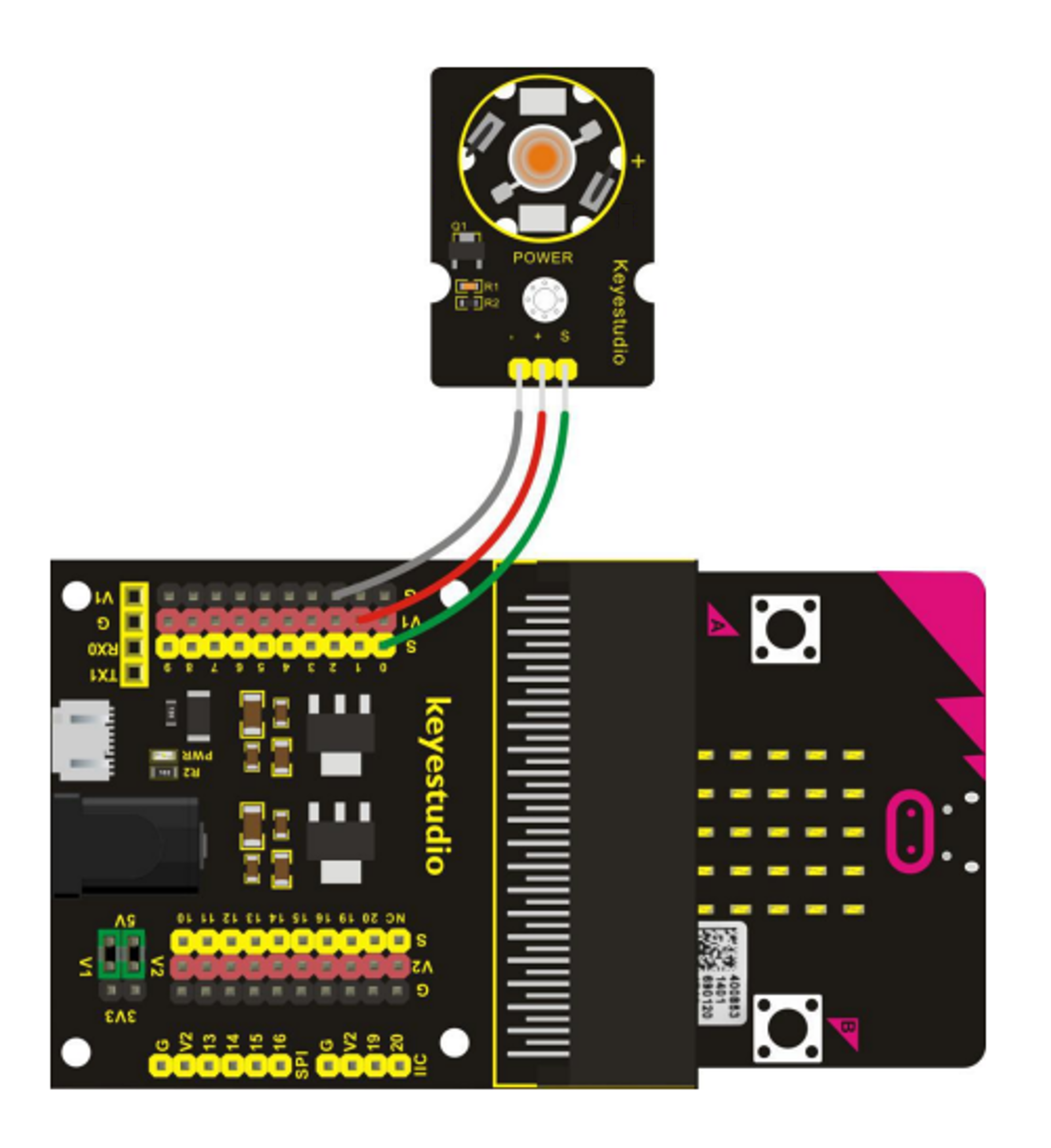 A wiring diagram showing where the wires connect between the component and the breakout board.