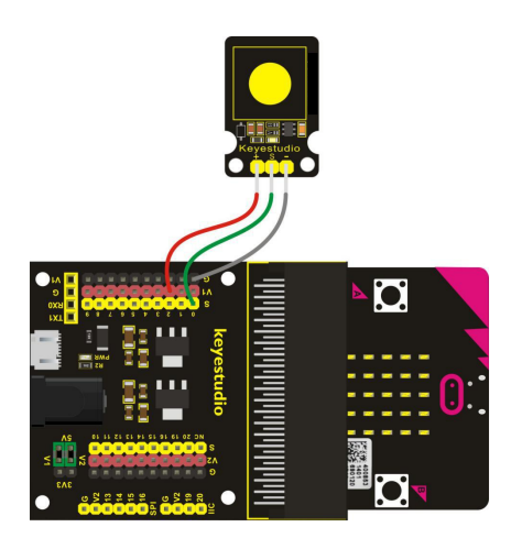 A wiring diagram showing where the wires connect between the component and the breakout board.