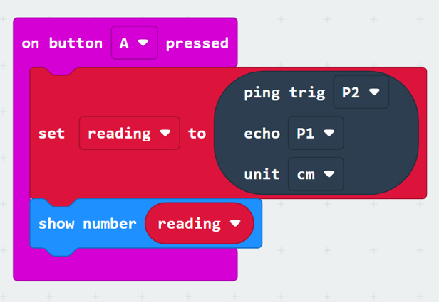 An on button A pressed block containing: a set reading to ping trig P2 echo P1 unit cm, and show number reading.