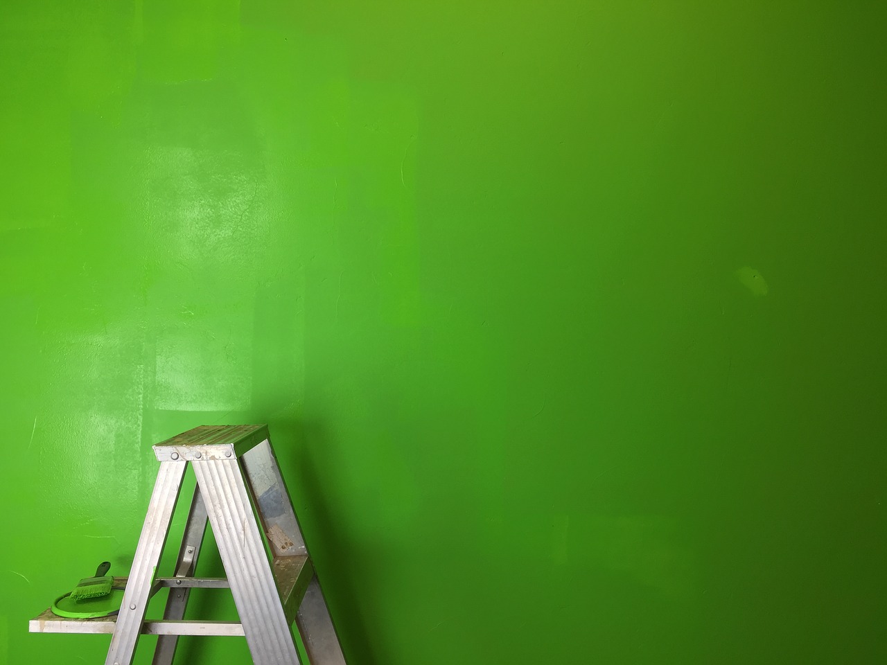 A step ladder with a paintbrush and tin lid in front of a freshly painted wall