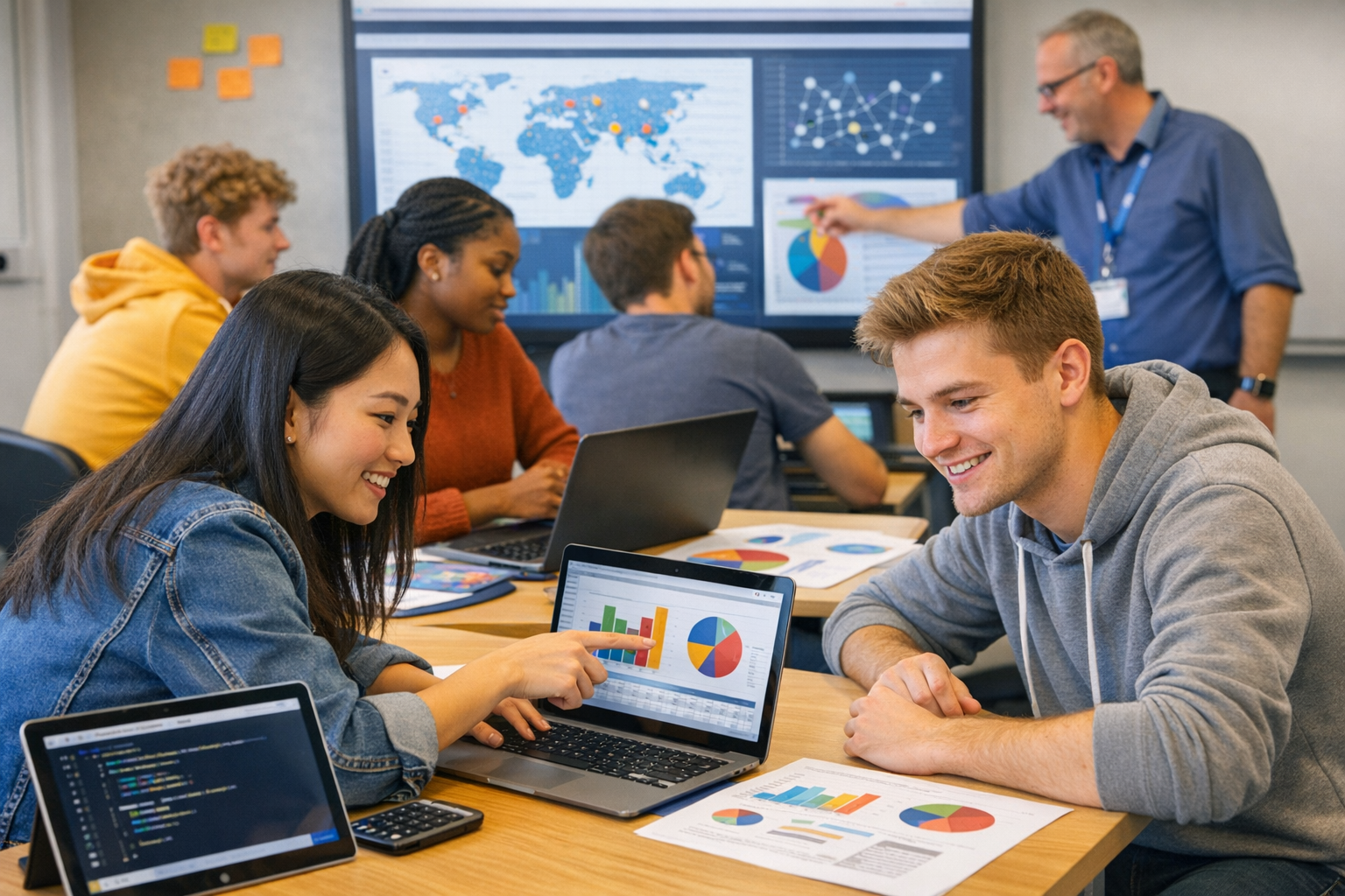 A group of teenagers in a classroom working with data science software on laptops.