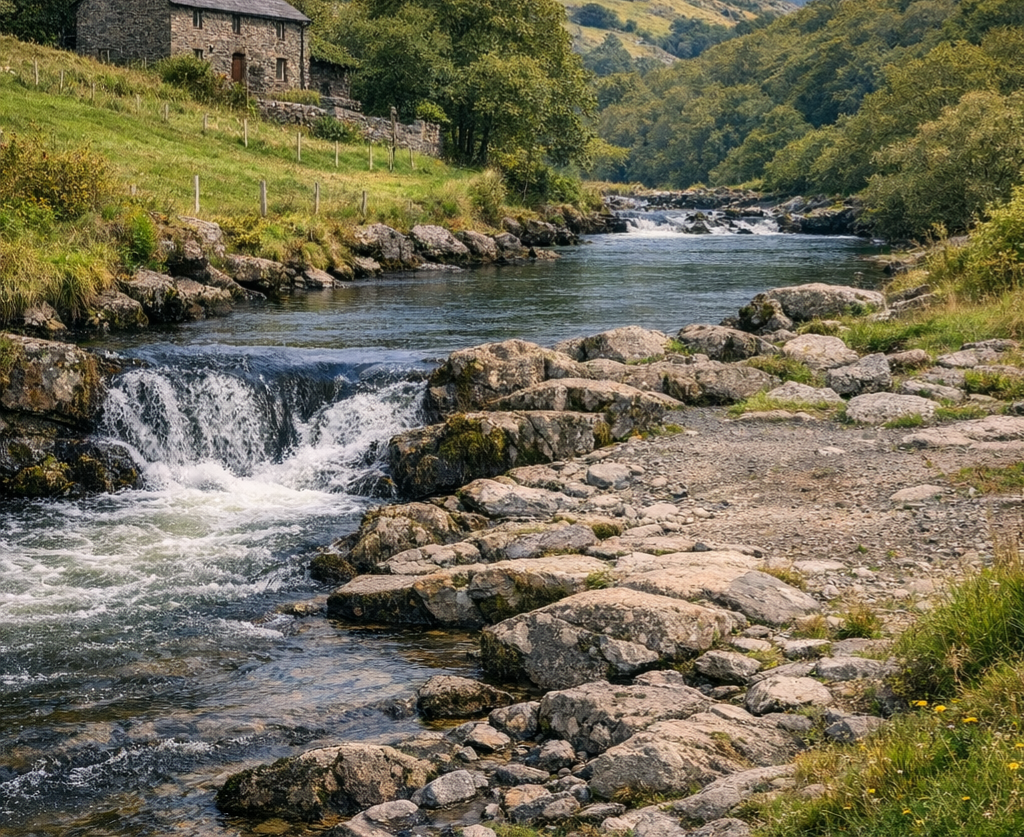 delwedd a gynhyrchwyd o afon nodweddiadol yng Nghymru