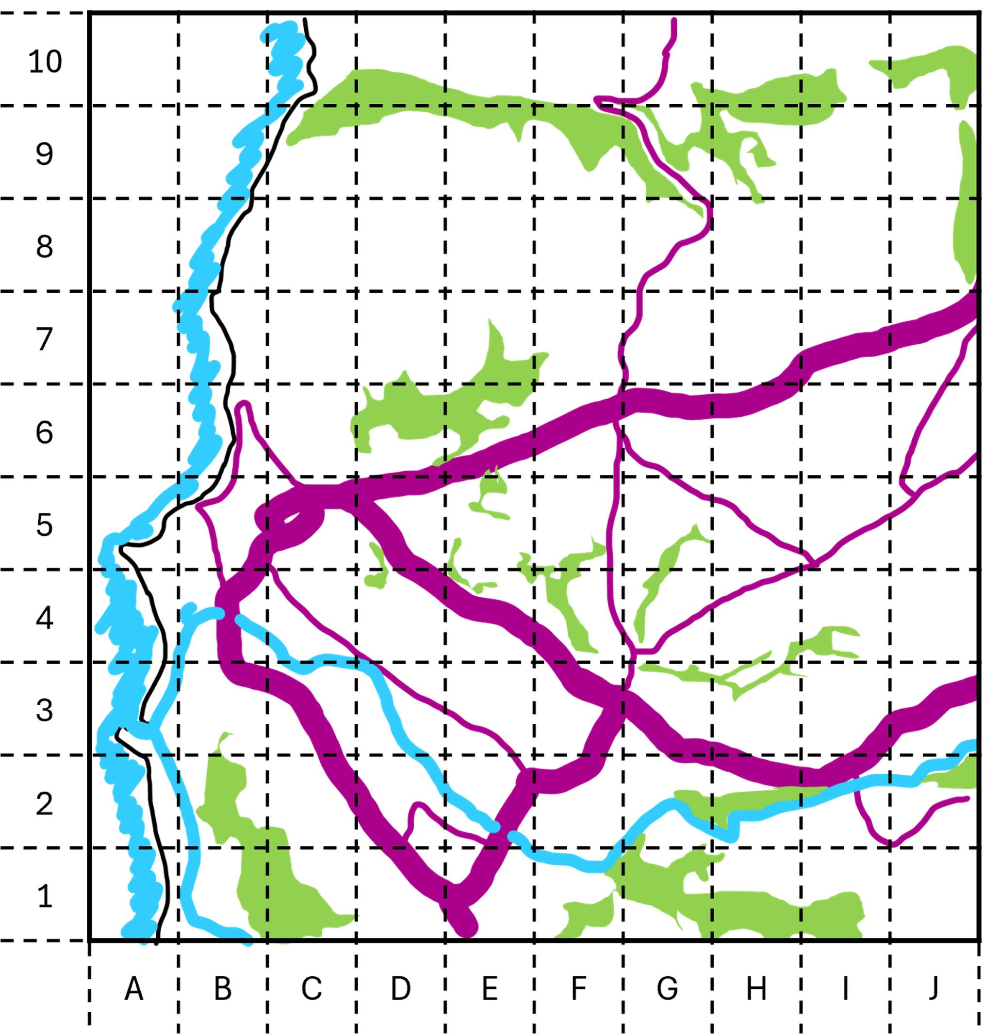 Map wedi'i fraslunio o ardal Aberystwyth wedi cael ei rannu'n grid 10x10 gyda'r echelin-x wedi'i labeli'n A i J (o'r chwith i'r dde), a'r echelin-y wedi'i labeli'n 1 - 10 (o'r gwaelod i'r brig). Ar gyfer yr ymarfer hwn, mae'r grid yn bwysig iawn ar gyfer lleoliadau penodol.