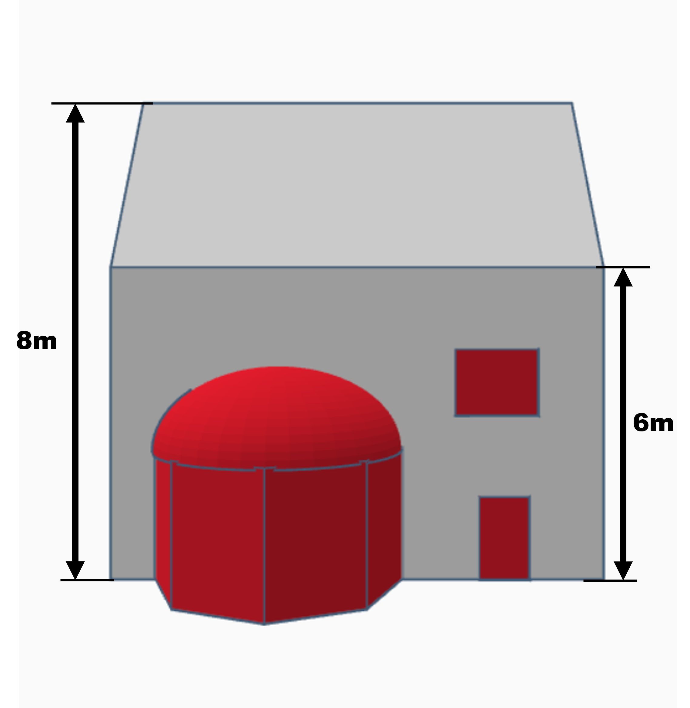 Mae cefn yr adeilad hwn yn hirsgwar gydag ystafell wydr sy'n siâp hanner octagon gyda tho crwm. Mae un ffenestr ac un drws hefyd. Mae uchder y wal wedi'i labelu fel 6m, ac mae'r uchder llawn o'r ddaear i frig y to yn cael ei ddangos fel 8m.