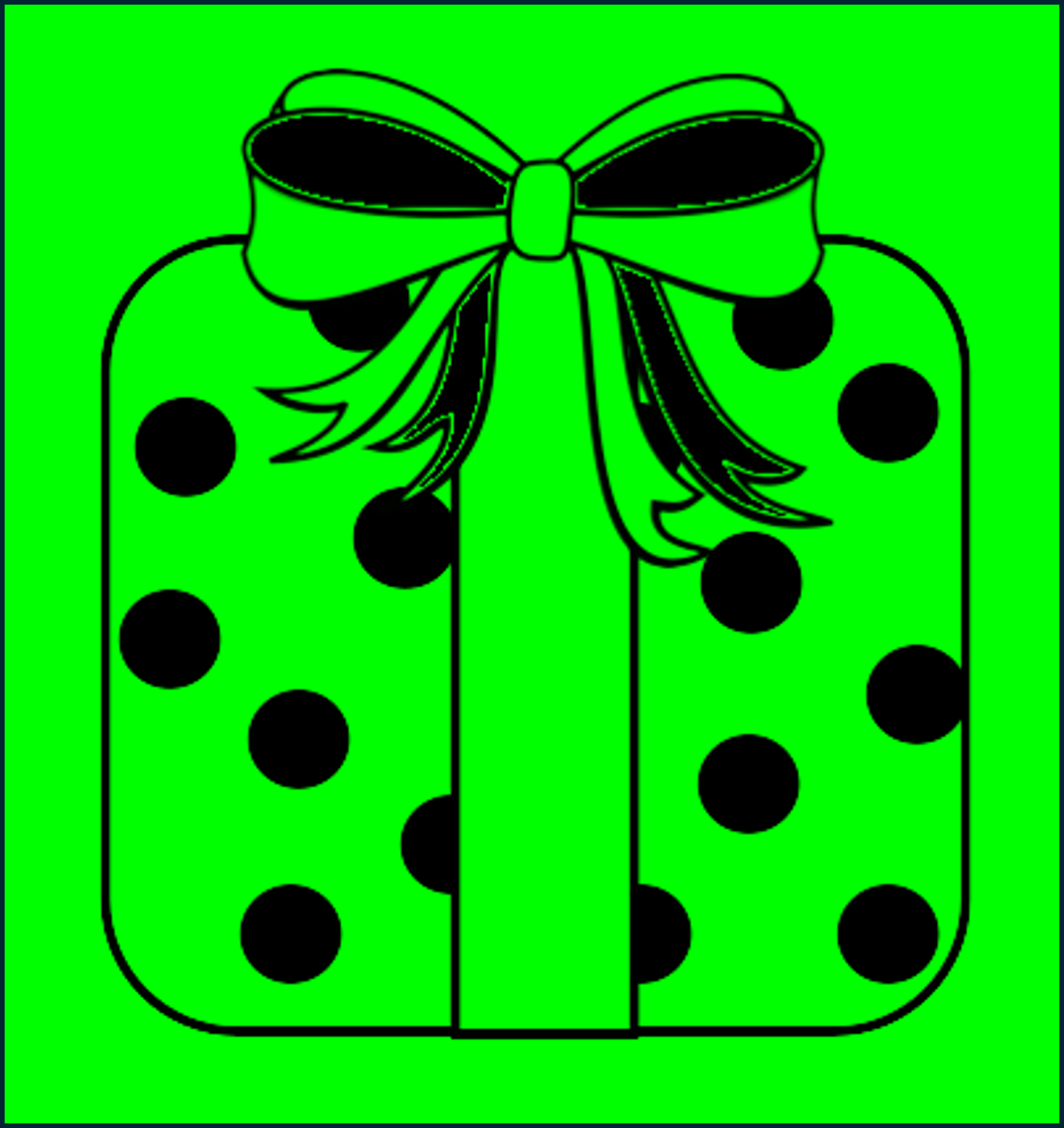 O dan y golau gwyrdd mae'n ymddangos bod yr anrheg wedi'i lapio mewn papur gwyrdd gyda smotiau du. Mae'r rhuban yn wyrdd yn bennaf gyda rhywfaint o ddu y tu mewn i'r cwlwm.