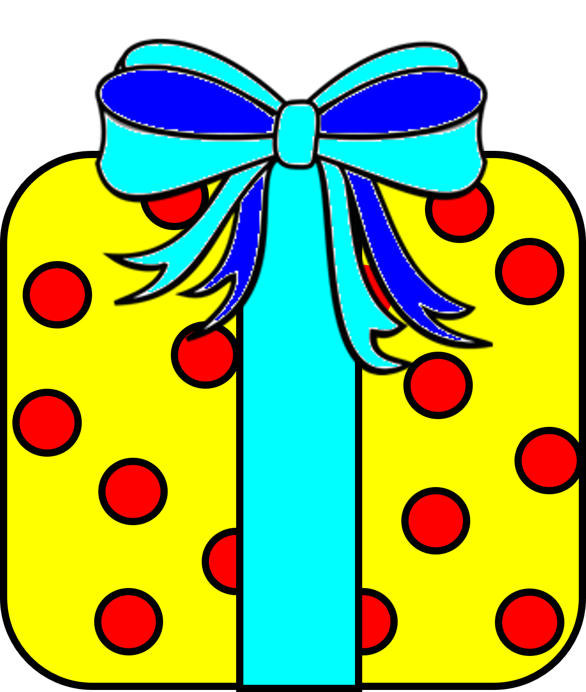 Yr anrheg o dan olau gwyn. Mae wedi'i lapio mewn papur melyn gyda smotiau coch a rhuban gwyrddlas gydag adrannau glas yn y cwlwm.