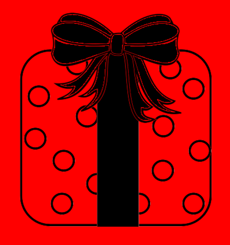 O dan y golau coch mae'n ymddangos bod yr anrheg wedi'i lapio mewn papur coch gyda smotiau coch wedi'i chlymu â rhuban du