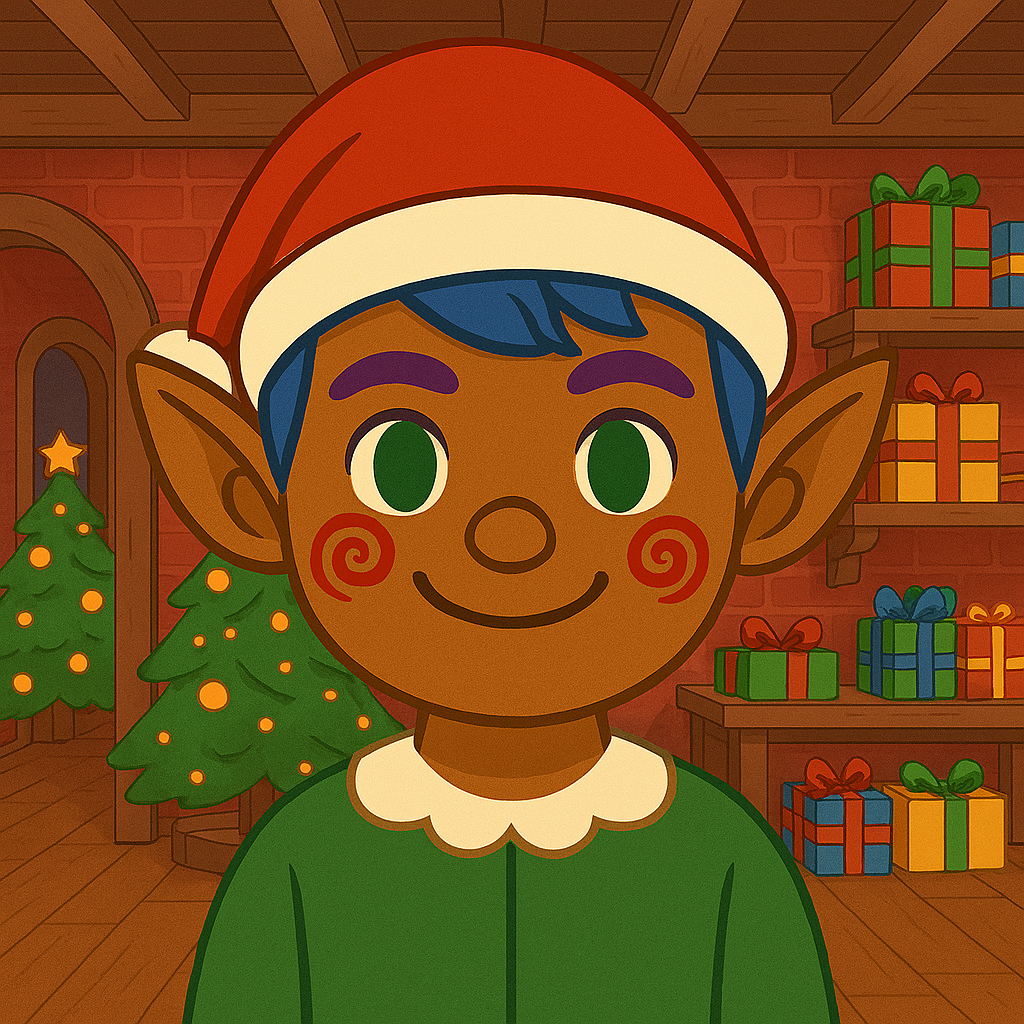 Corrach â phatrwm gwrido troellog ar eu boch, croen brown, llygaid gwyrdd, gwallt glas, ac aeliau porffor