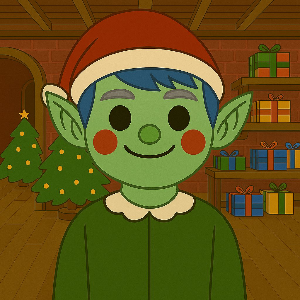 Corrach â phatrwm gwrido crwn ar eu boch, croen gwyrdd golau, llygaid du, gwallt glas, ac aeliau lliw arian