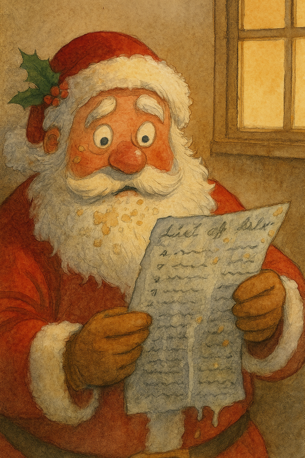 A horrifed Santa gazing at his soggy list