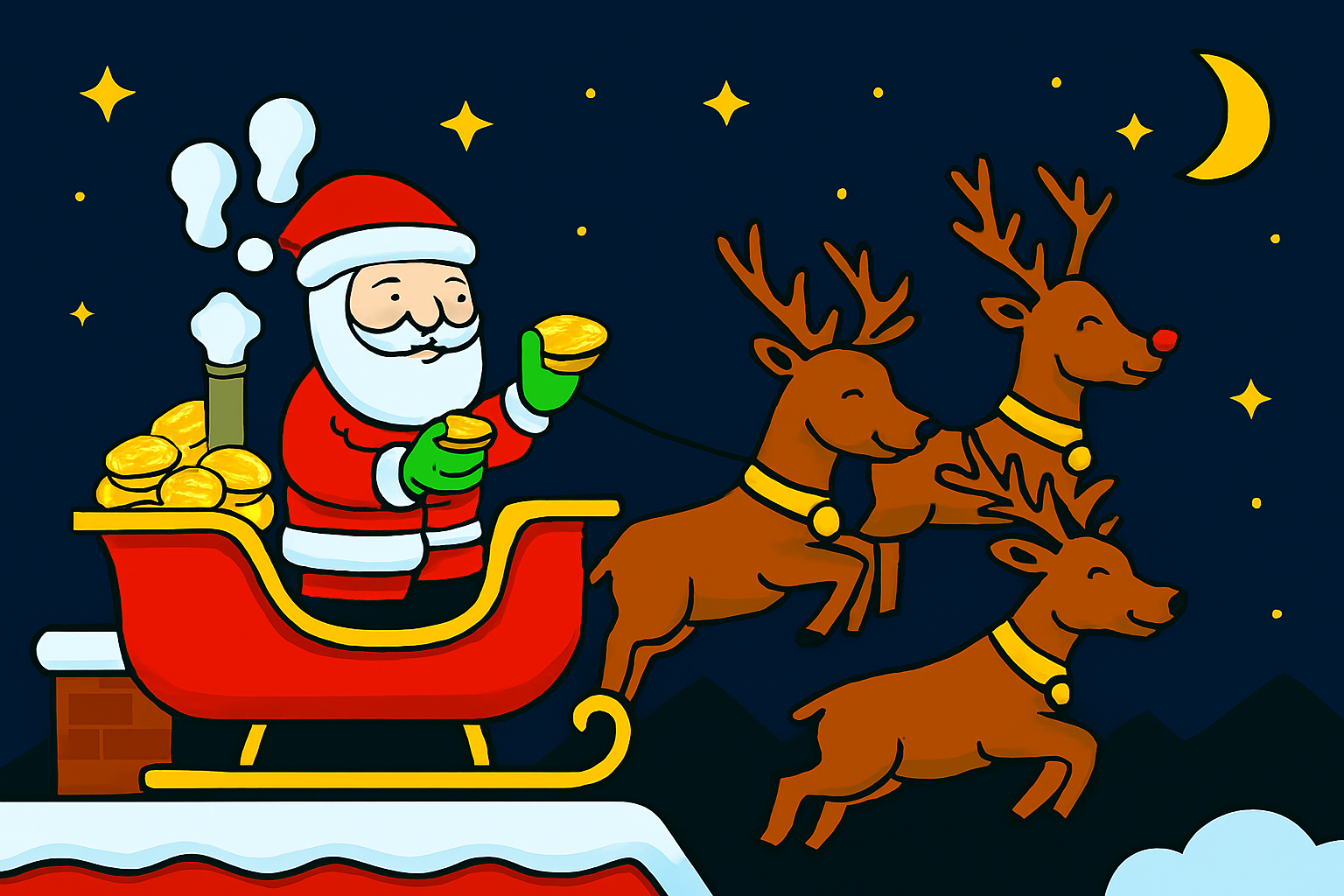 Sled Siôn Corn yn cael ei bweru gan fins peis a'i lywio gan geirw hudol