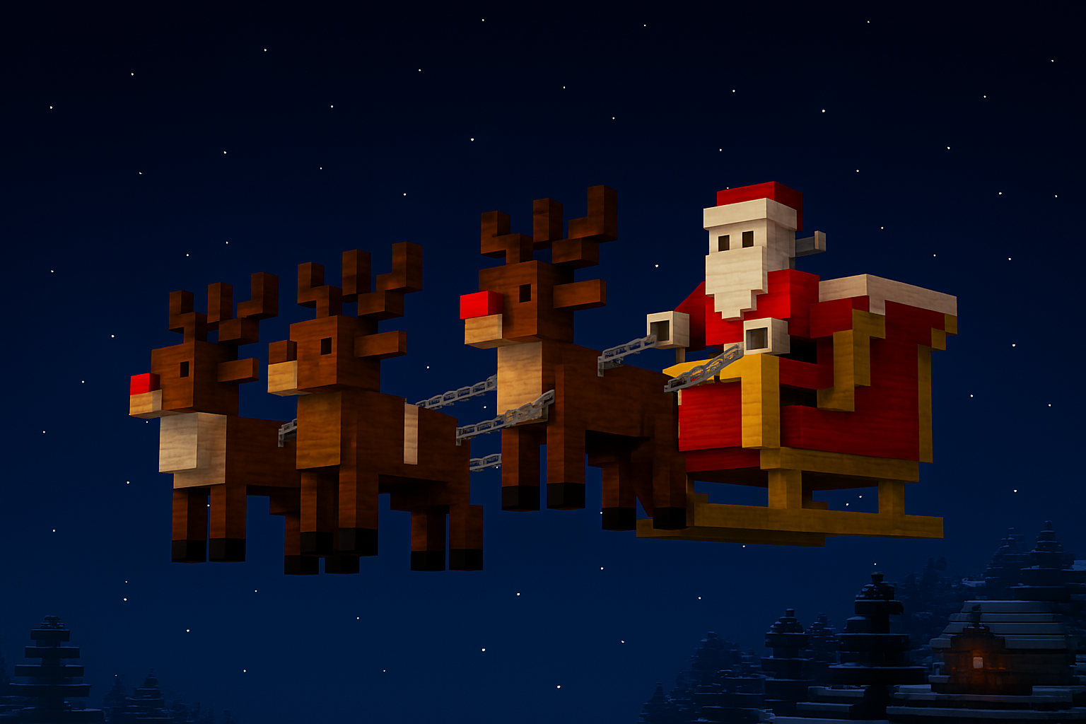 Sled Siôn Corn yn hedfan yn y nos