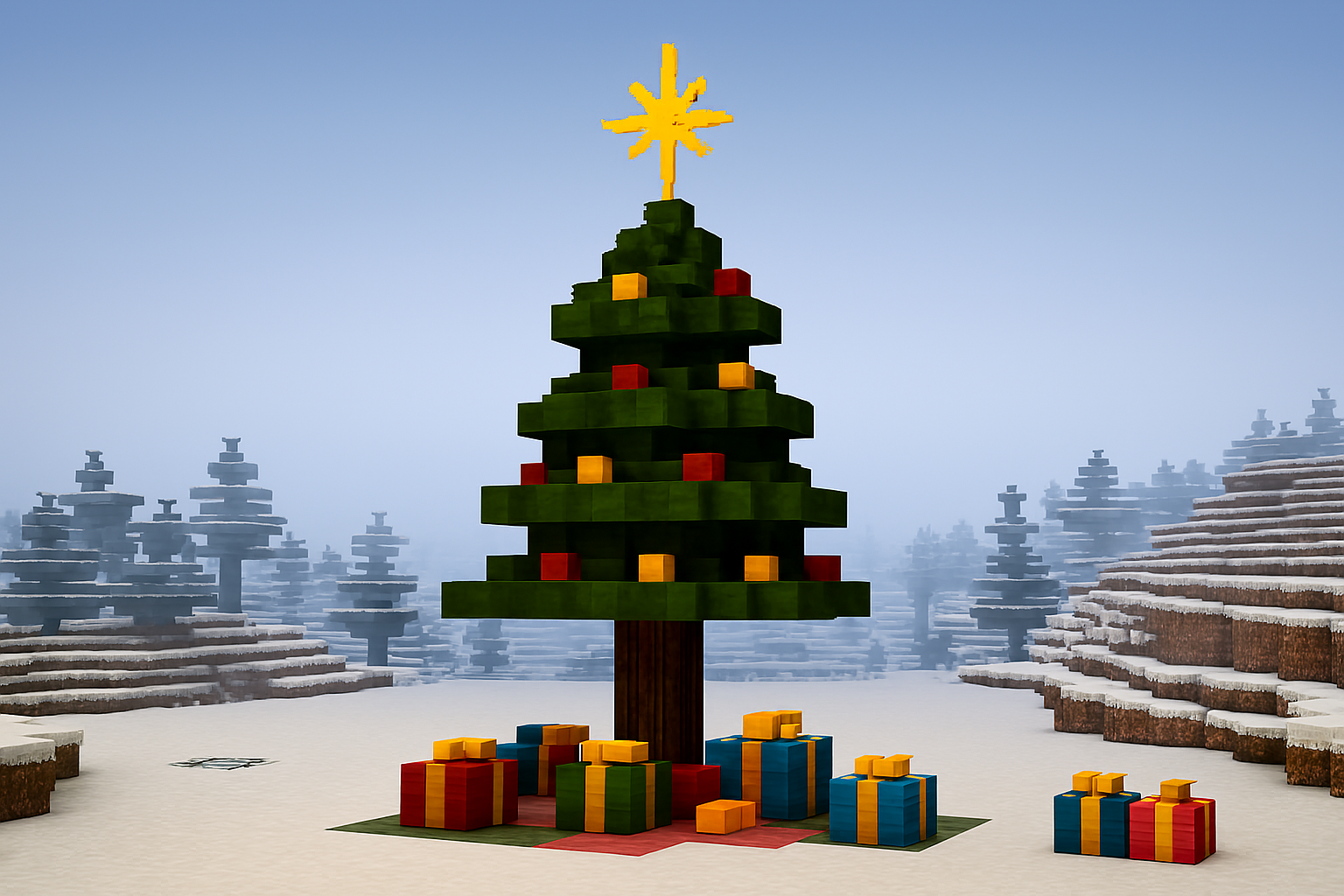 Coeden Nadolig gyda llawer o anrhegion