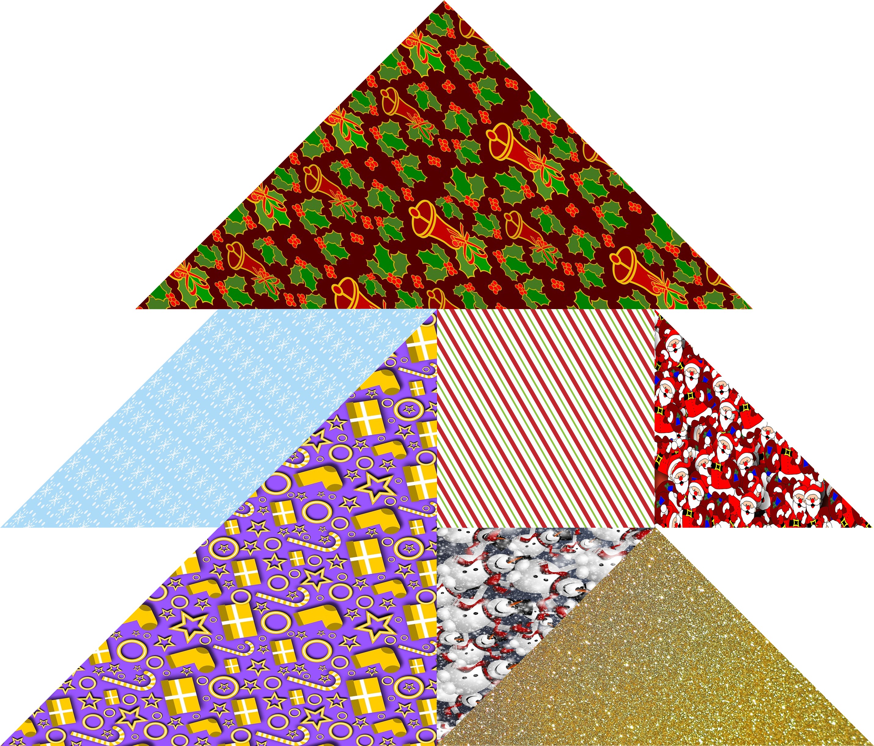 A tangram puzzle of different shaped presents in the shape of Christmas tree.