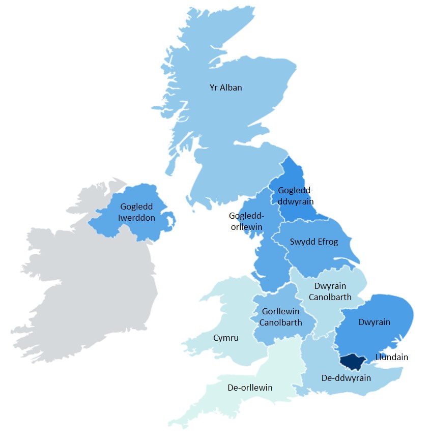 Map o'r ardaloedd rhanbarthol yn y DU wedi'u tywyllu yn unol â'r wybodaeth a roddir yn y tabl uchod