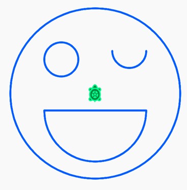 Cynllun tebyg i emoji, wyneb cylchog â llygad chwith gron, arc ar gyfer y llygad dde i ddynodi wincio a hanner cylch ar gyfer gwên