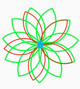 trefniant cylchdro o bump o un math o betal yn troshaenu'r un patrwm wedi'i ffurfio o un petal ar ddeg o wahanol faint